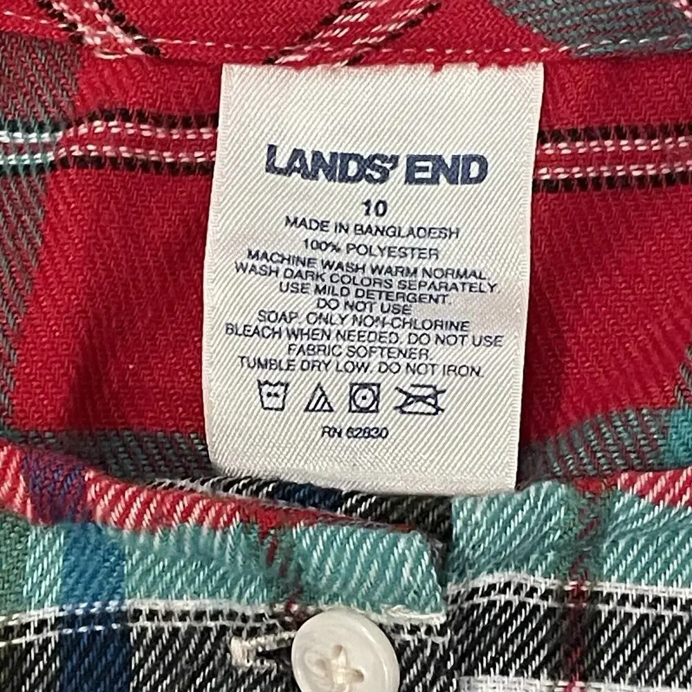 Lands Ends Nightgown Pajamas Girls Size 10 Red Plaid Flannel Holiday